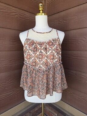 Jolt Sleeveless Boho Peplum Top in Brown & Cream Floral Women's Size Small NWOT